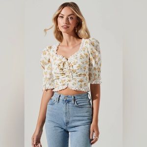 Astr the Label Printed Floral Linen Cinched Top - White yellow floral / M NWT